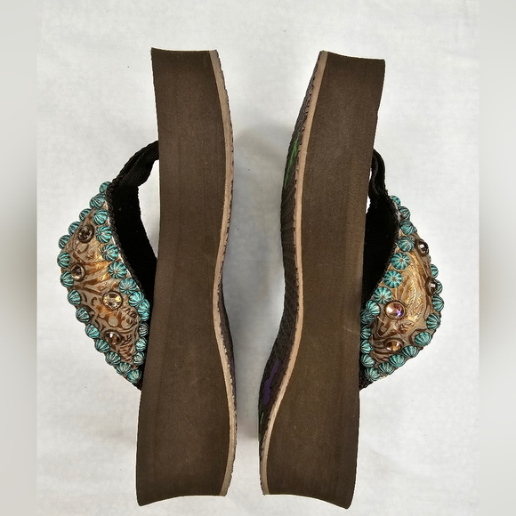 GYPSY SOULE Brown Flip-flops Turquois Copper Crystal Rhinestone Metallic size 8 - Picture 7 of 11